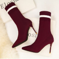 Good selling pointed toe 9 cm high heel black wine stretch knitted ladies new fashion mid-calf boots